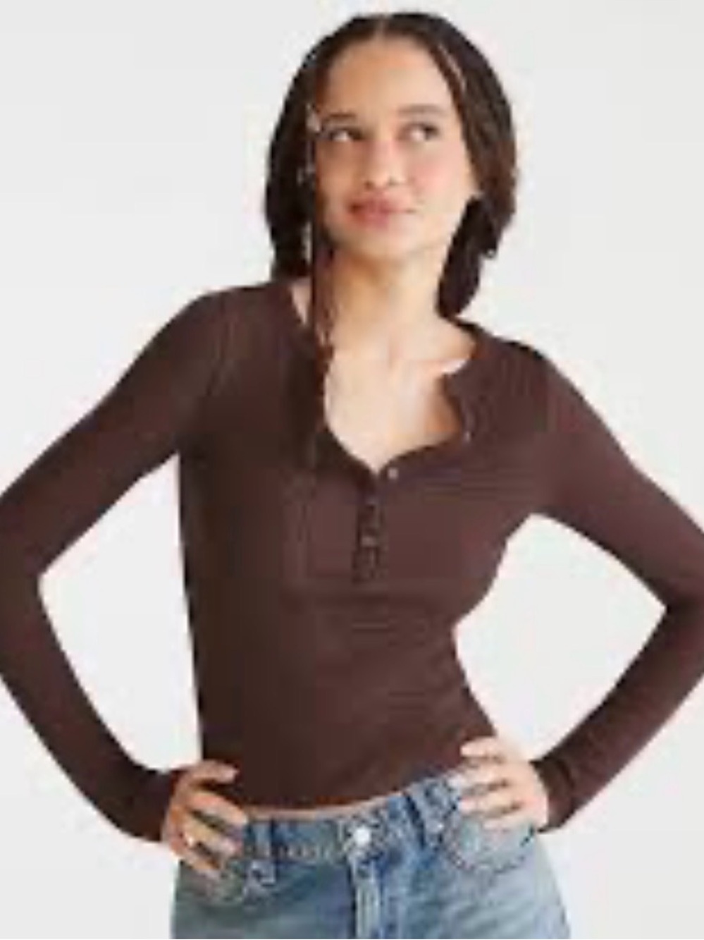 Aeropostale Womenβs Long-Sleeve Brown Ribbed Henley Top Size Medium